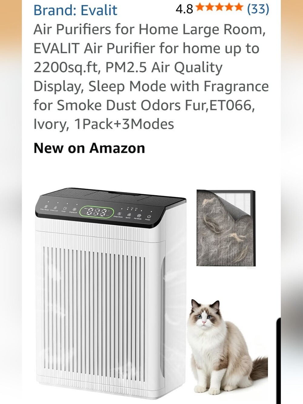 Air Purifier 2200 Sq Ft NEW AMAZON EVALIT MSRP $84.99 Digi Display HEPA filter